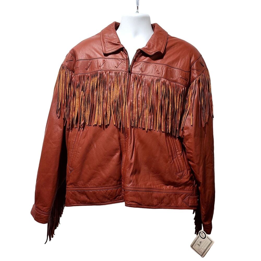EXCELLED Leather Jacket Men's Sz XL Vintage Fringe NWT Brown Unisex Western Bike